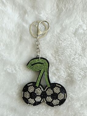 Soccer Cherry Rhinestone Cherry Keychain - Black White & Green Bag Charm